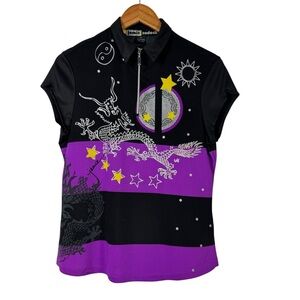 Jamie Sadock Black Purple Dragon Star Moon Celestial Zip Polo Golf Top Sz Small